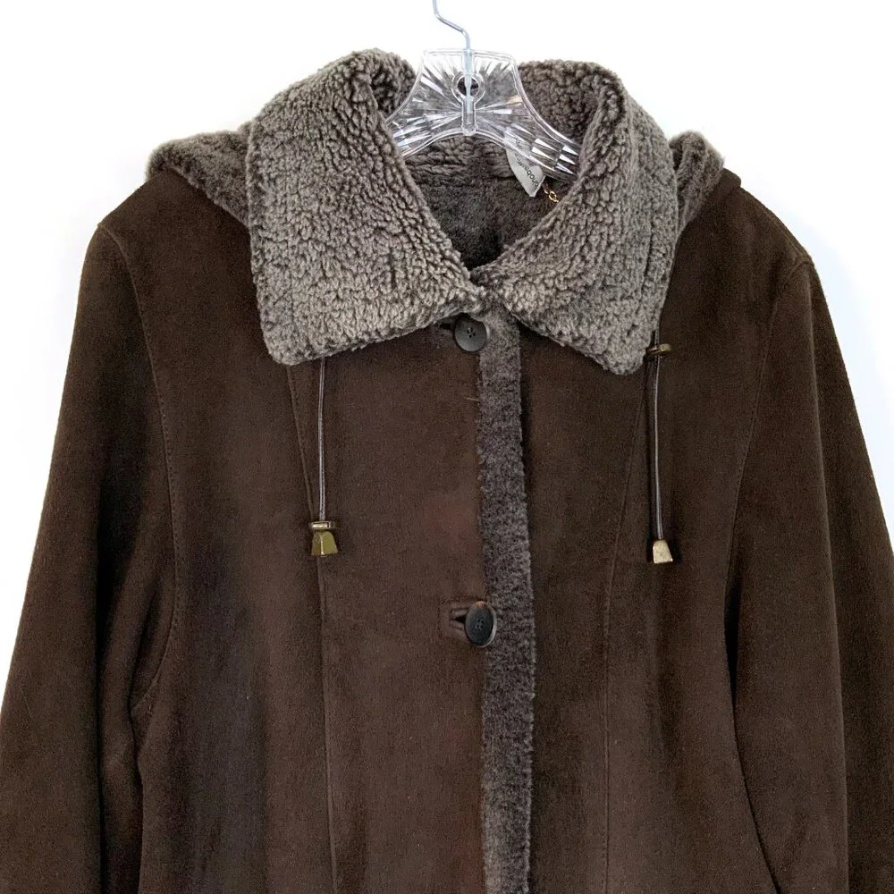 Marco Gianotti Macy's Brown Genuine Sherling Hooded Coat Sz 8 - Picture 4 of 16